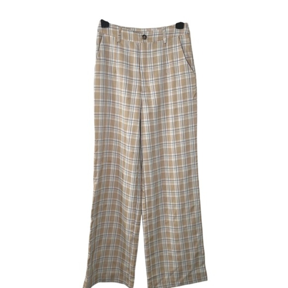 Princess Polly Plaid Wide Leg Pants Beige Blue White High Rise Polyester Size XS - Picture 2 of 6